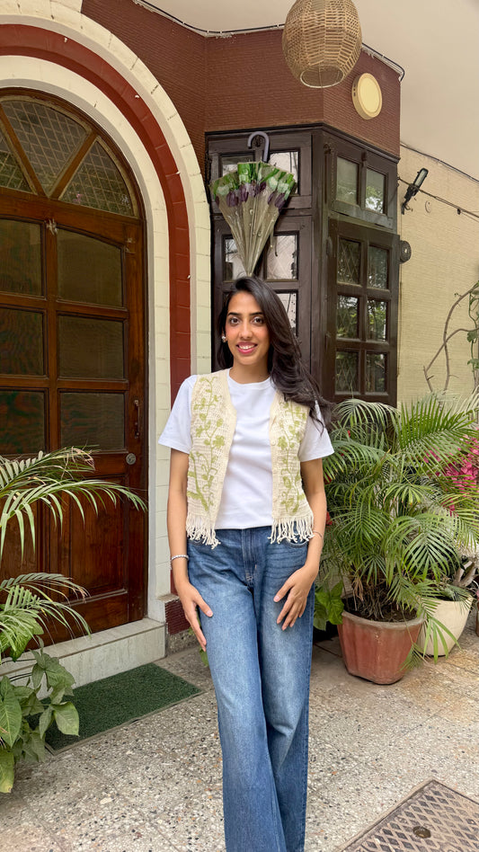 Crochet Inspired Cotton Lace Shrug - Green (Free Size)