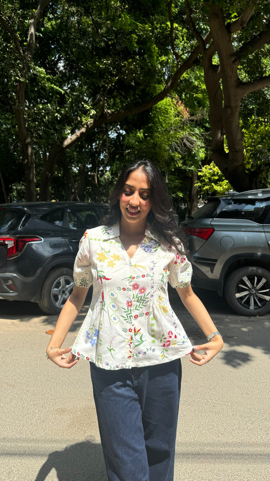 Wild Flower Cotton Shirt (With Sleeve) – White (Premium Collection)