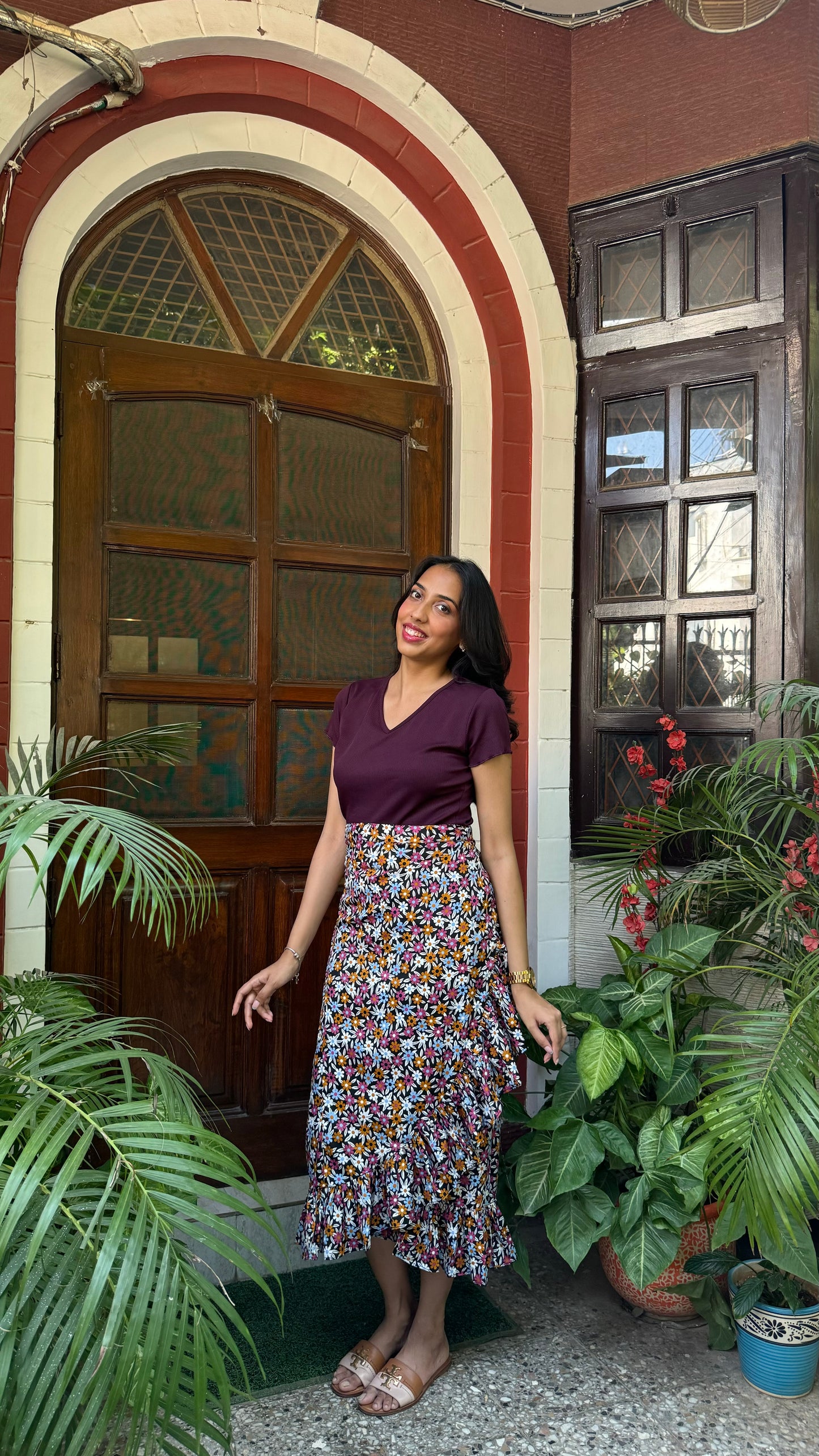 Floral Frill Wrap Skirt (Free Size) – Wine