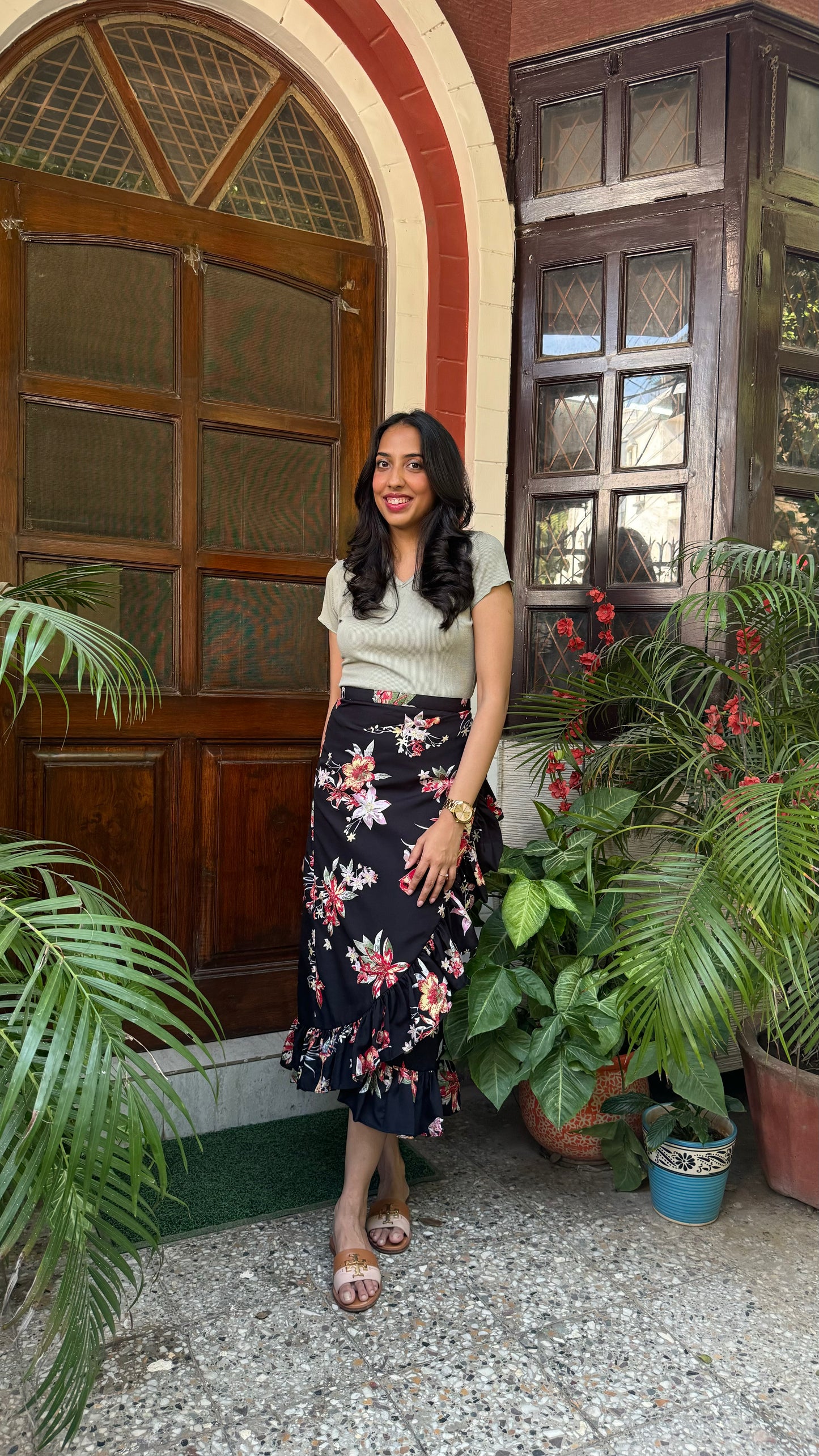 Floral Frill Wrap Skirt (Free Size) – Black
