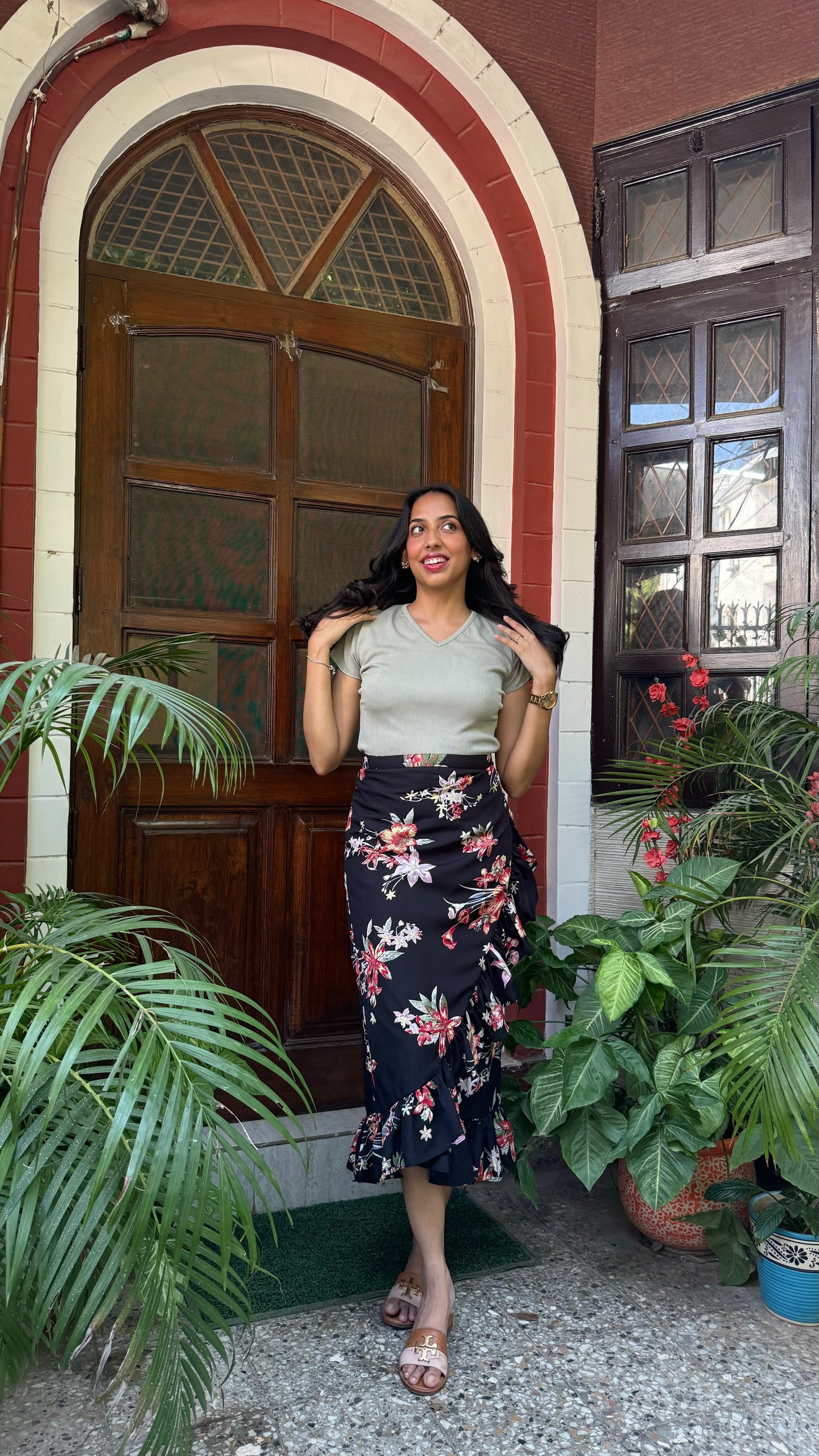 Floral Frill Wrap Skirt (Free Size) – Black