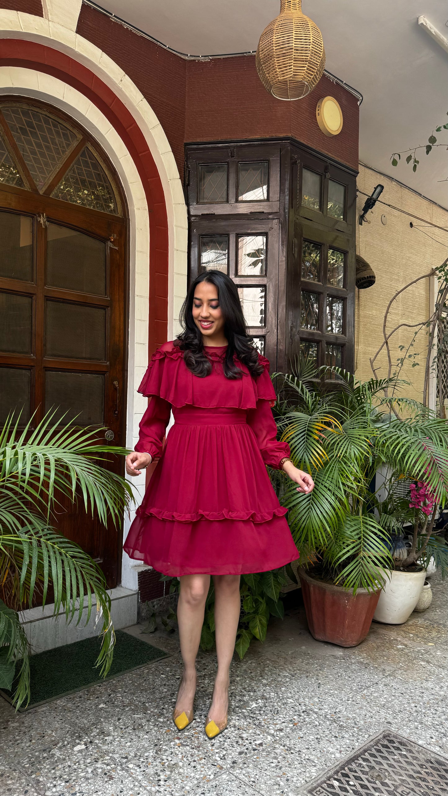 Maroon Frill Georgette Dress