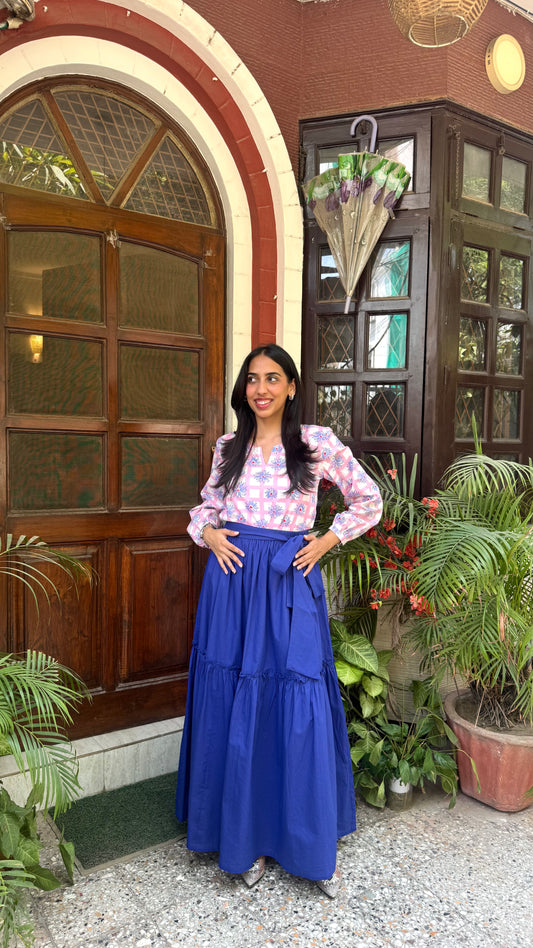 Flowy Tiered Cotton Skirt - Blue (Premium Collection)
