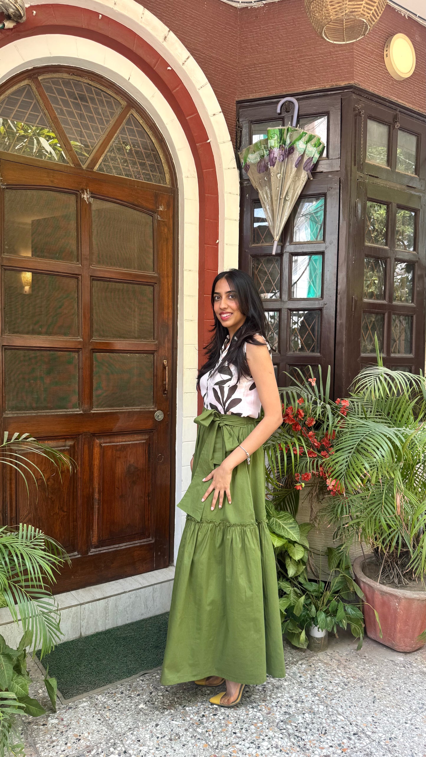 Flowy Tiered Cotton Skirt - Olive (Premium Collection)