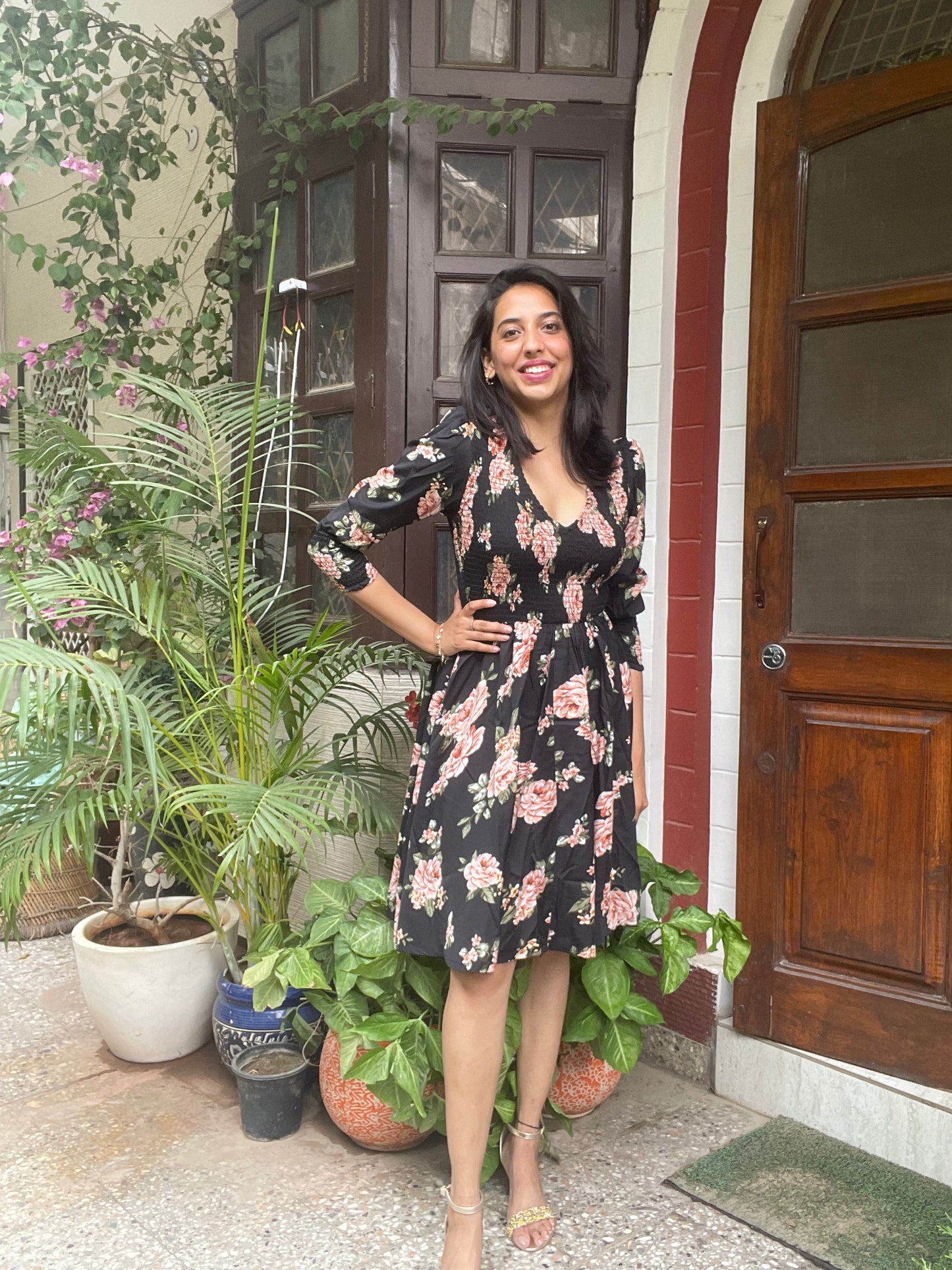 Black Floral Smocked Dress