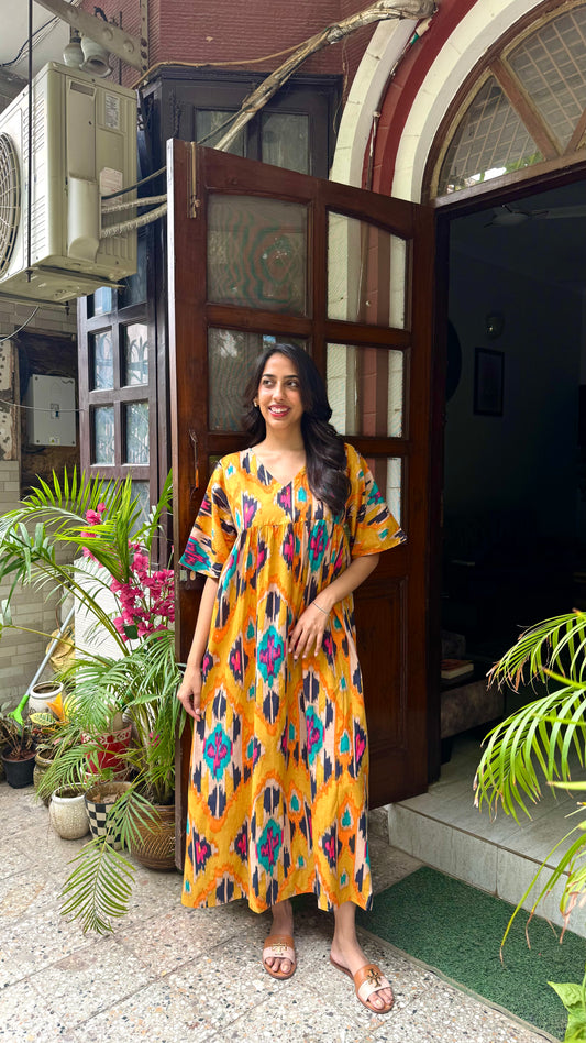 Empire Padded Cotton Lounge Dress – Mustard (Premium Collection)