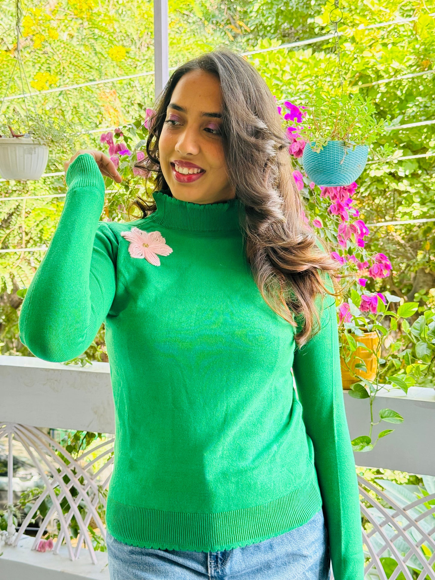 Flower Power Sweater (Free Size) - Dark Green