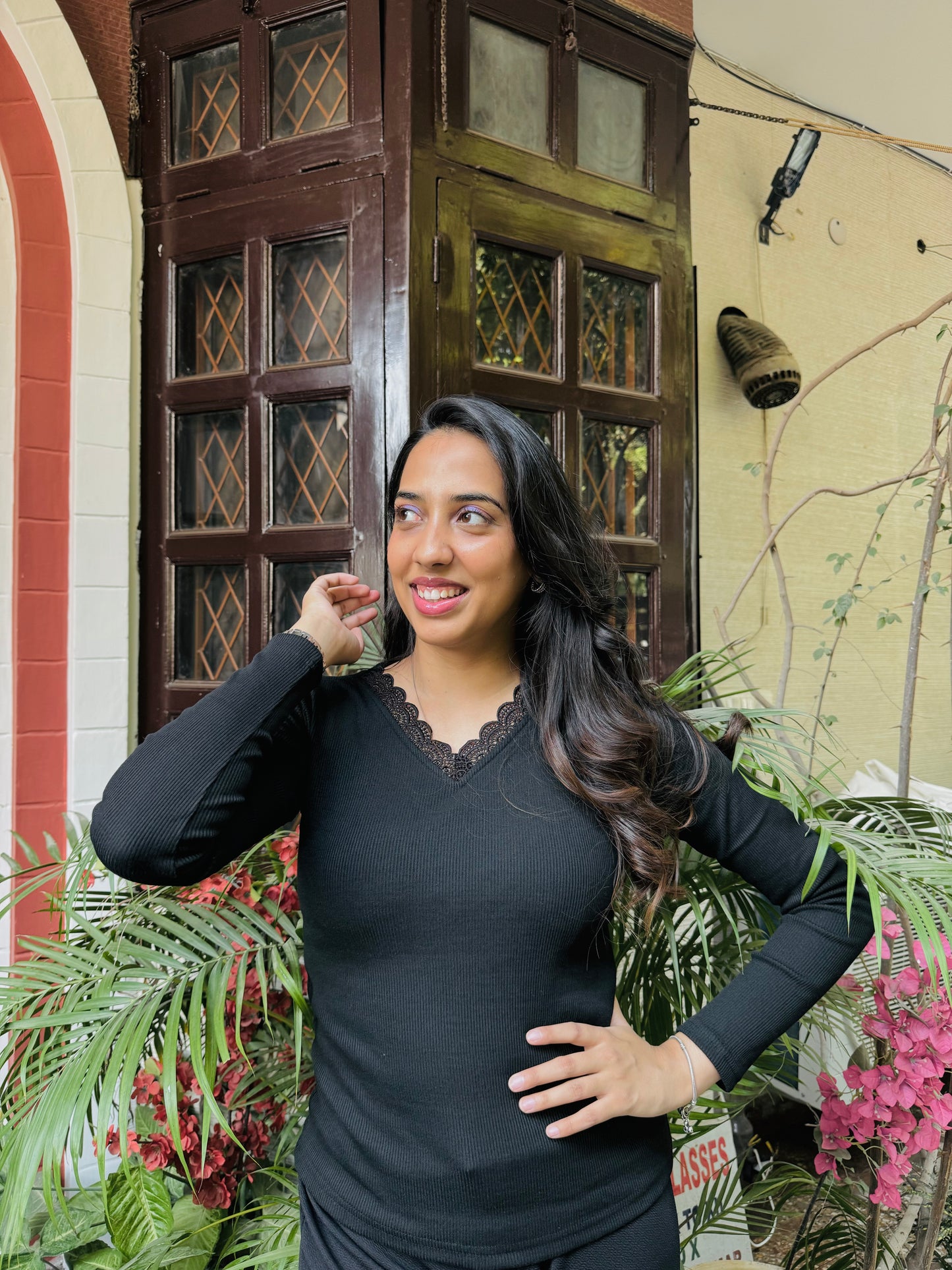 Lace Cotton Ribbed Top - Black