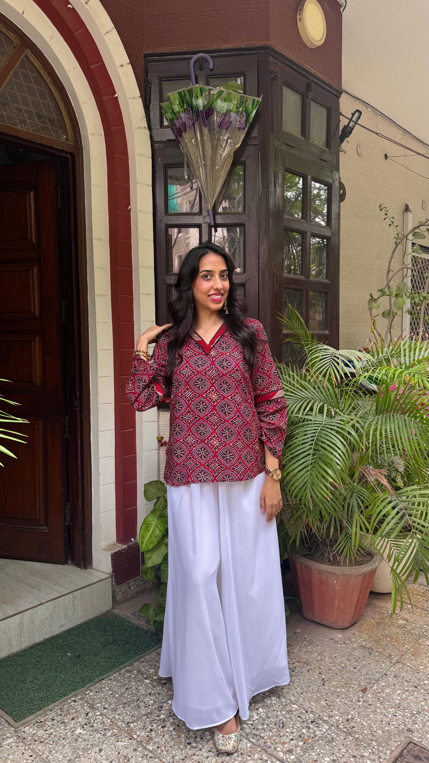 Ajrakh Short Cotton Kurti - Maroon