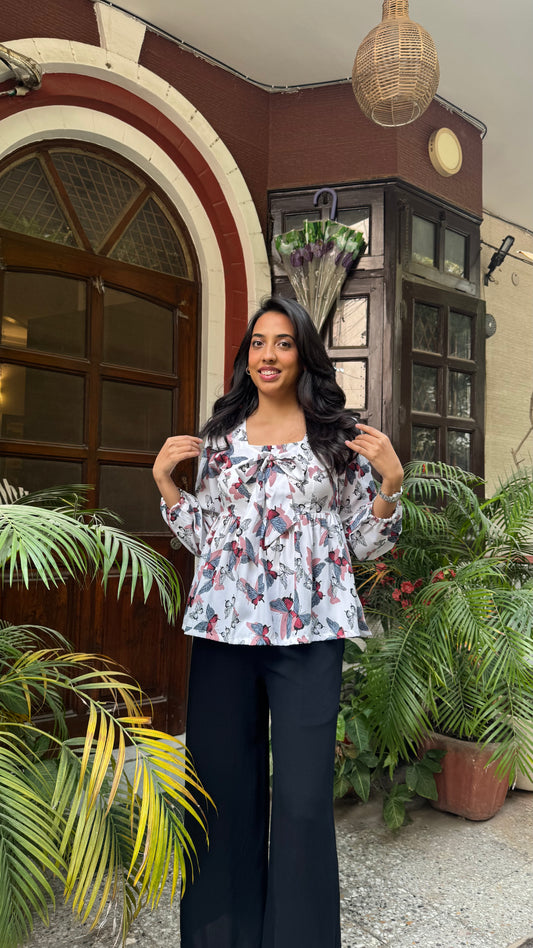 Bow Blues Peplum top - White