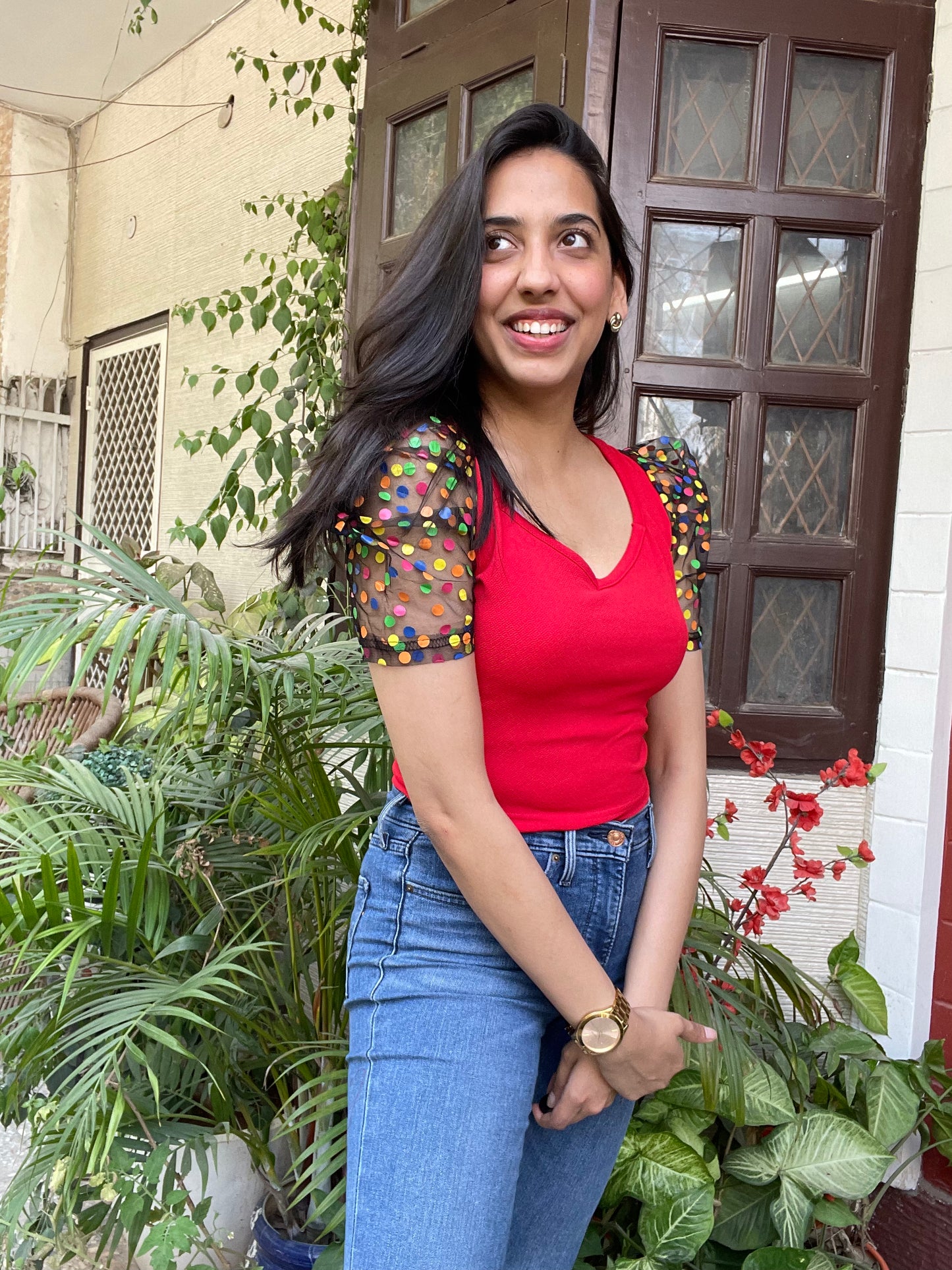 Color Puff Top-Red
