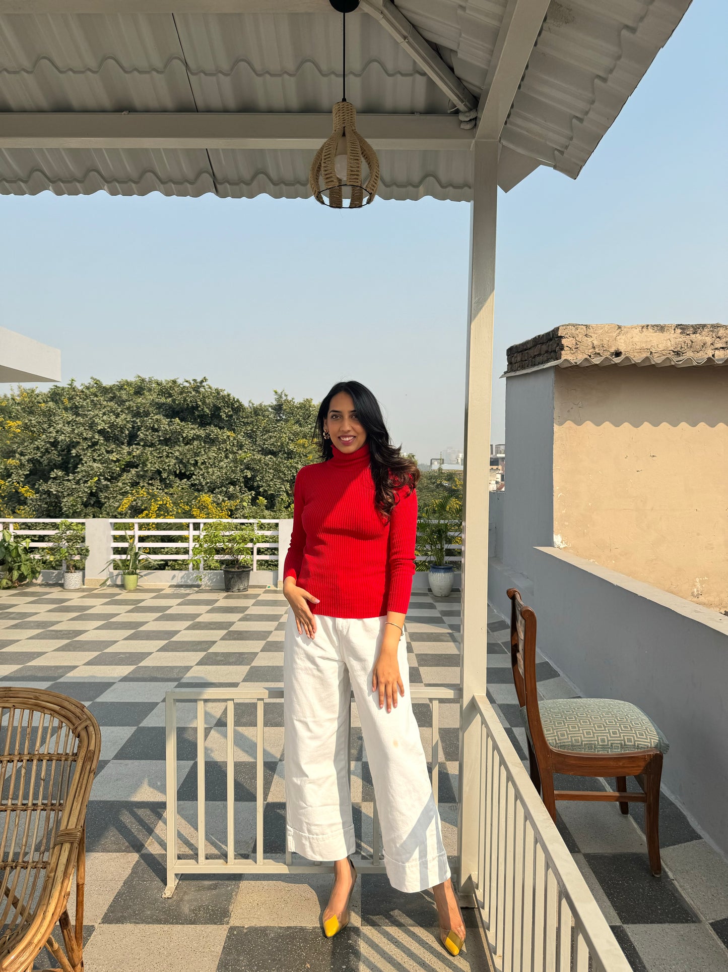 Red Fitted Ribbed Turtleneck (Free Size)