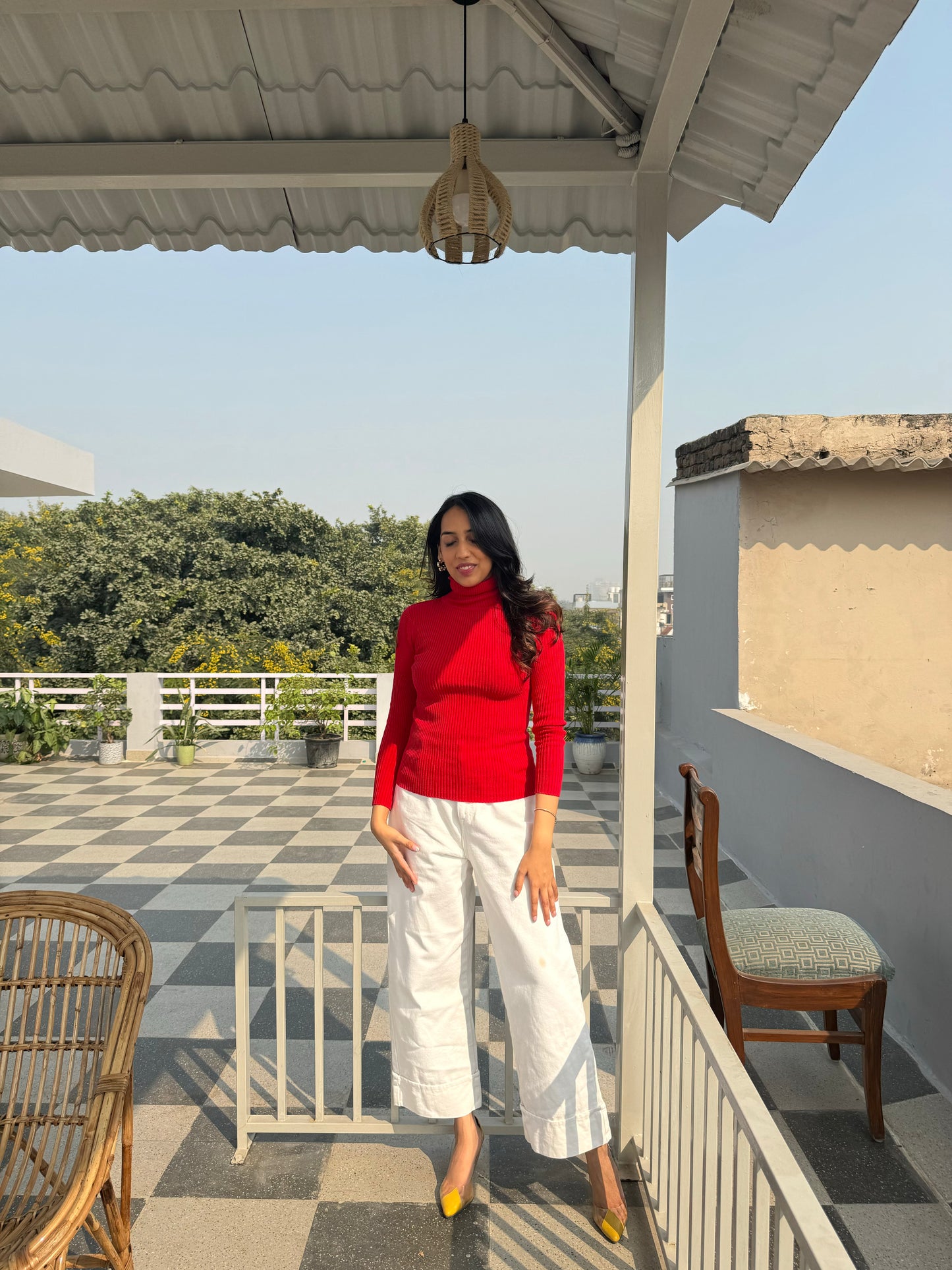 Red Fitted Ribbed Turtleneck (Free Size)