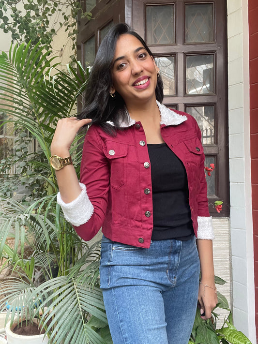 Fur Lined Denim Jacket-Maroon