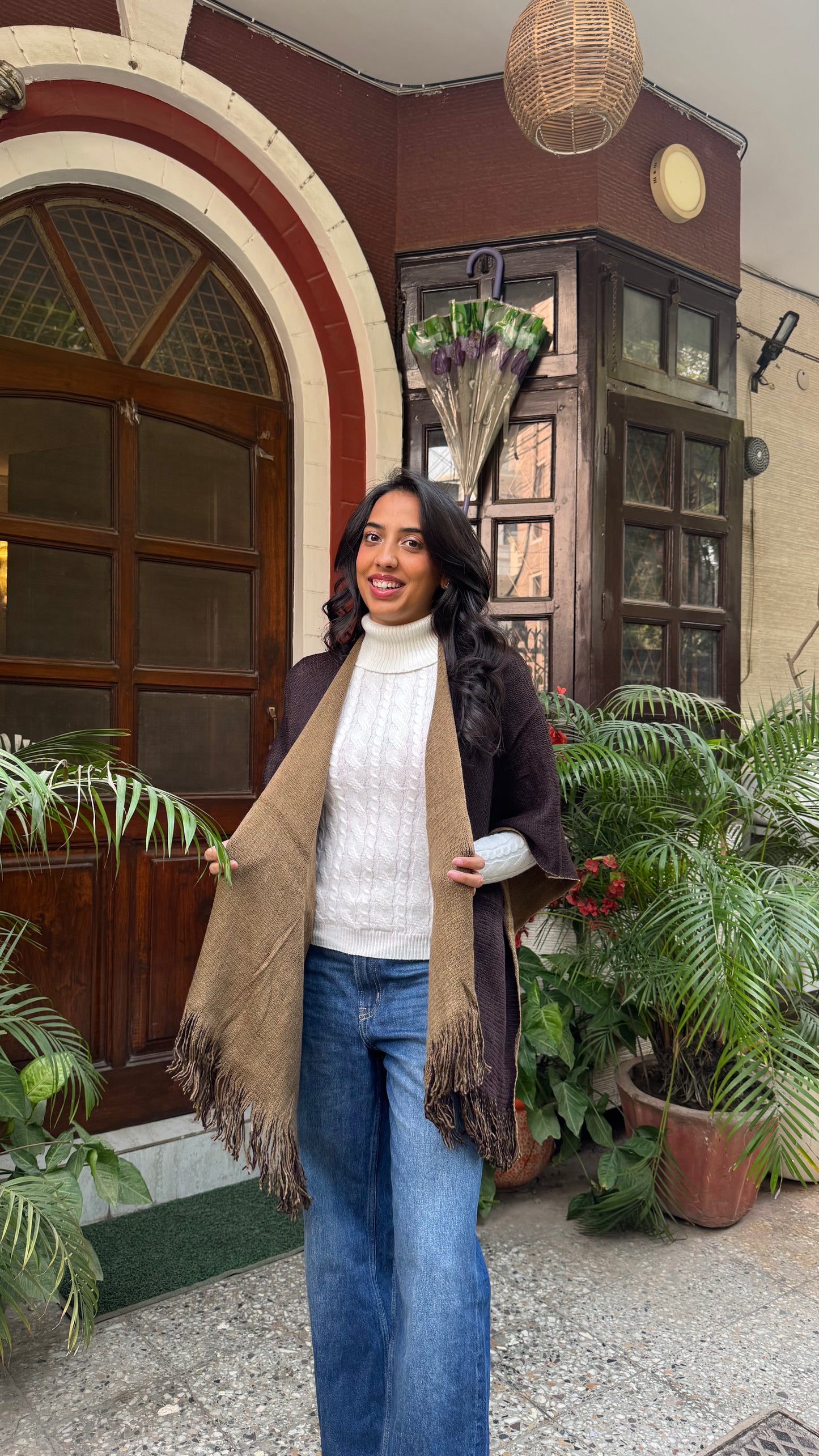 Cozy Double Sided Shawl -Brown/Beige (Free Size)