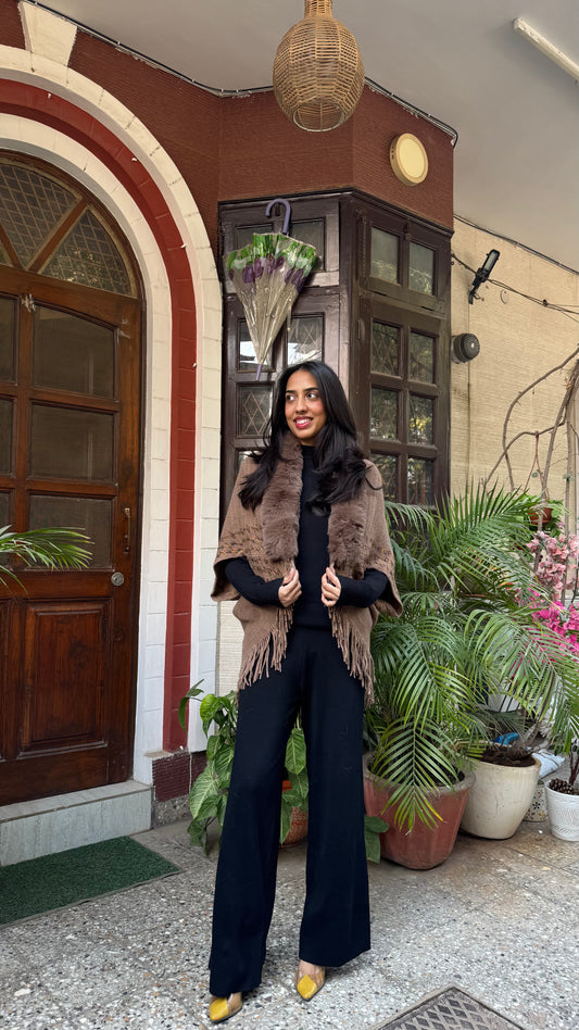 Houndstooth Fur Shrug - Brown (Free Size)