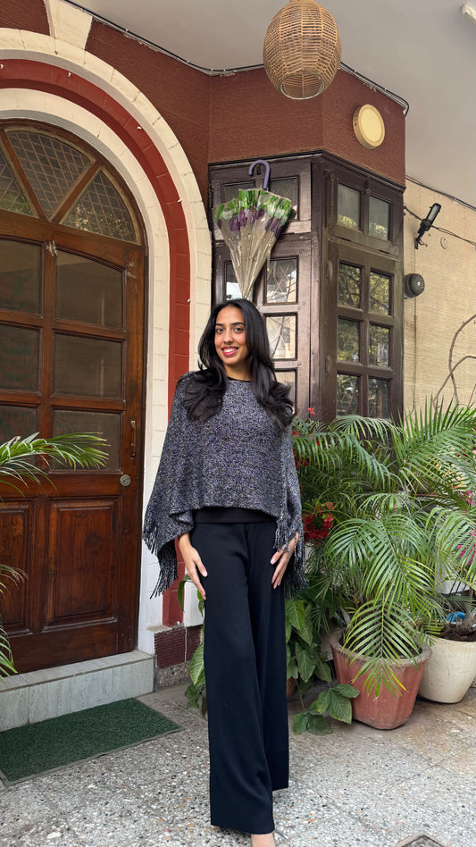 Shimmer Woollen Poncho - Black (Free Size)