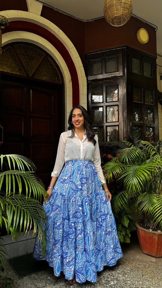 Paisley Heavy Tiered Skirt -Blue