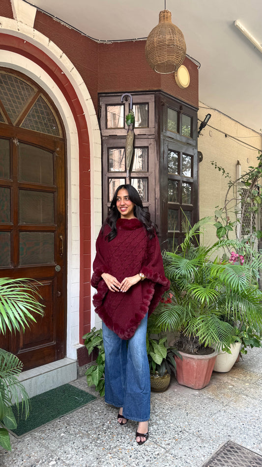 Luxury Blizzard Woollen Fur Poncho (Free Size) - Maroon