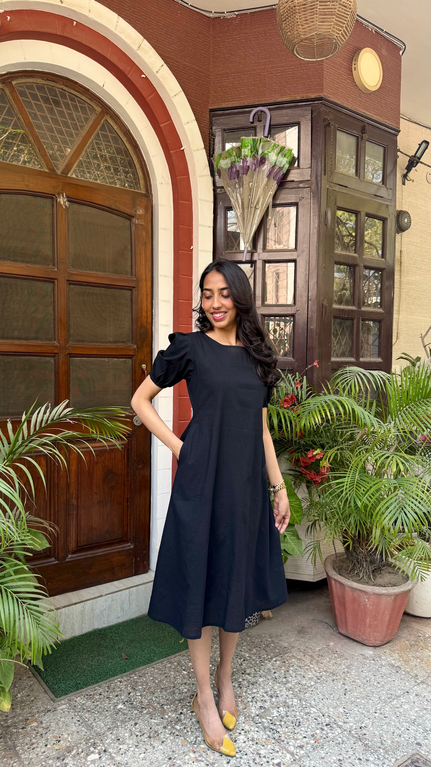 Black Schiffli Bow Cotton Dress – Midi