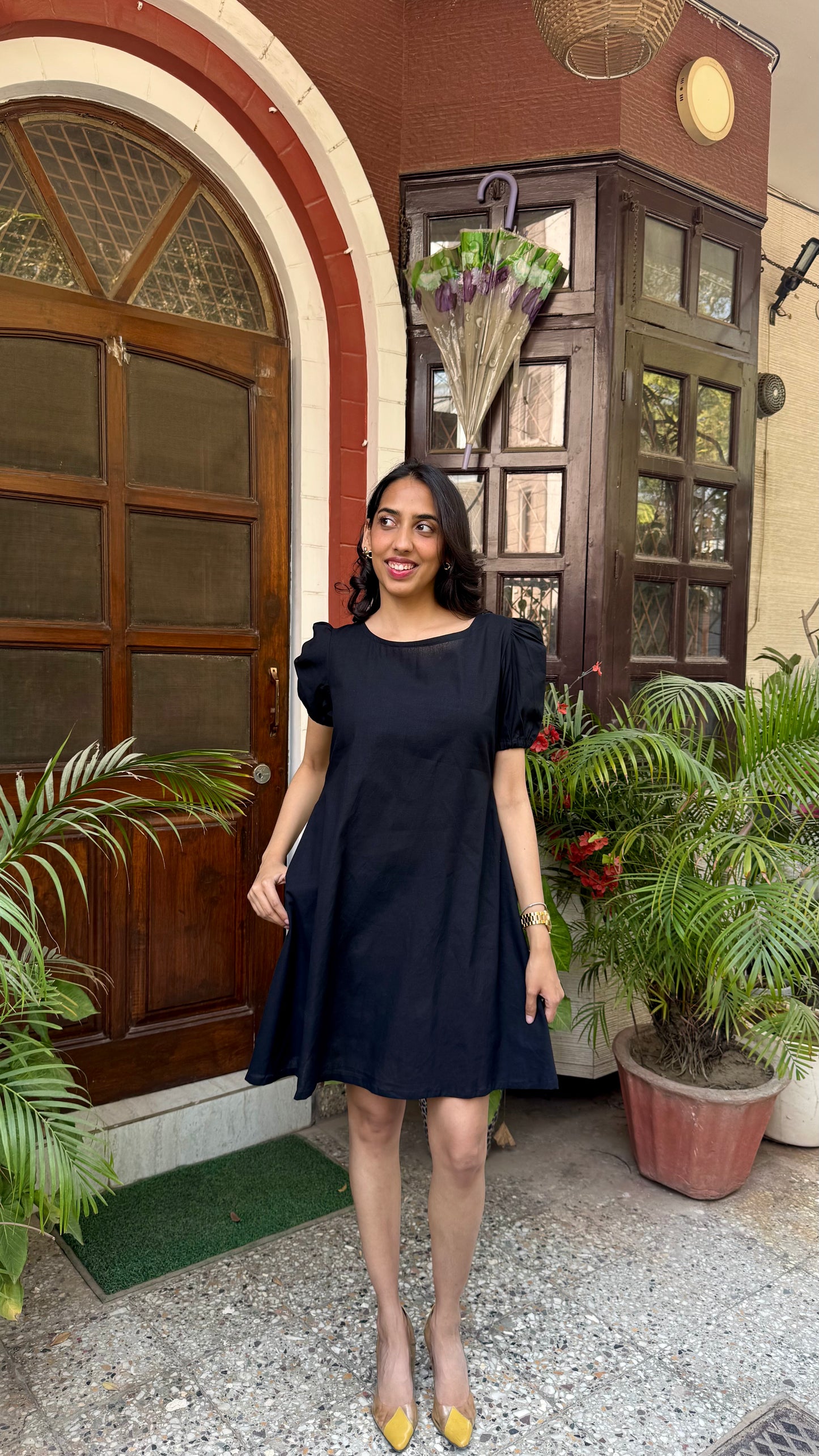 Black Schiffli Bow Cotton Dress – Regular