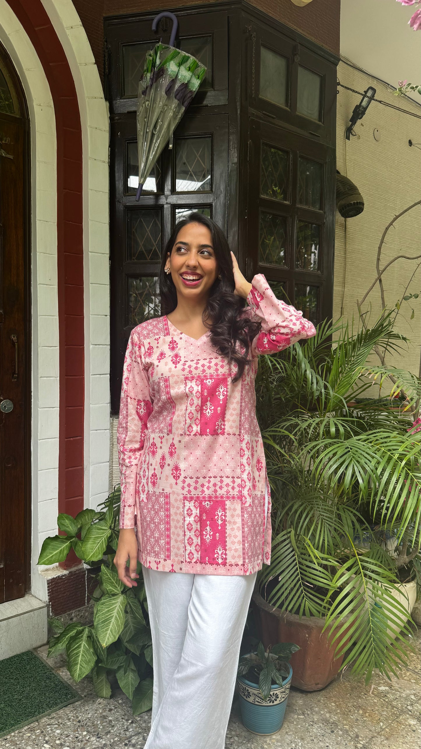 Criss-Cross Cotton Kurti - Pink (Premium Fabric)