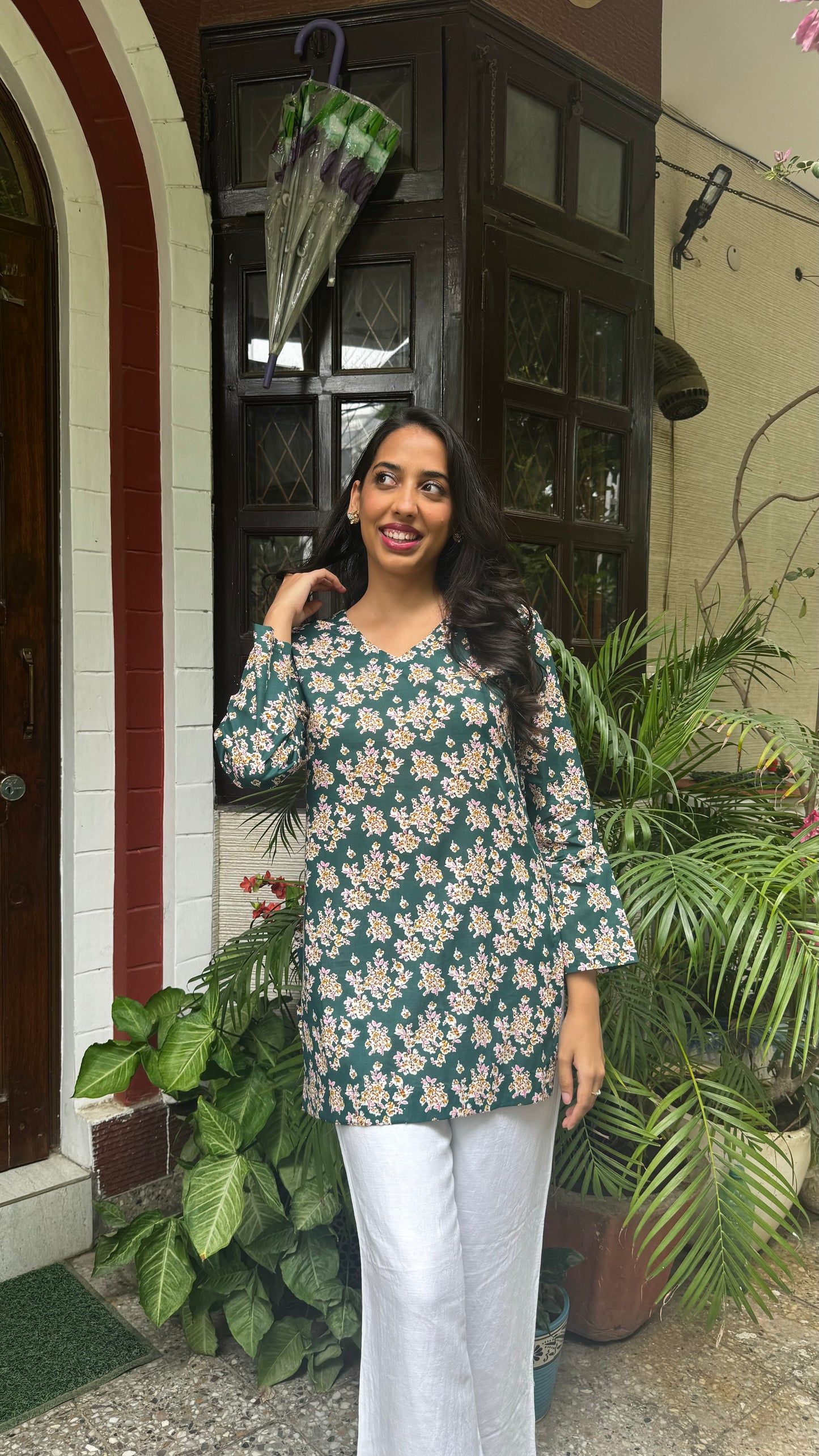 Criss-Cross Cotton Kurti - Green (Premium Fabric)