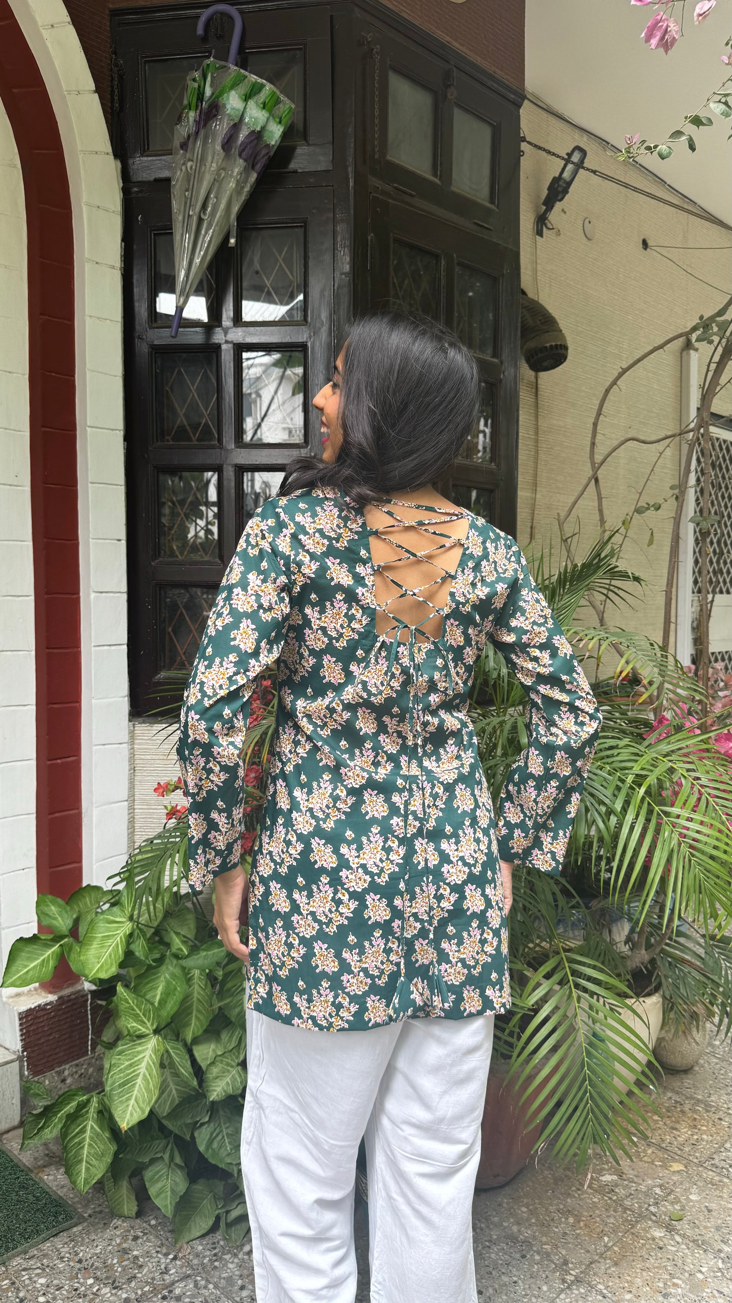 Criss-Cross Cotton Kurti - Green (Premium Fabric)