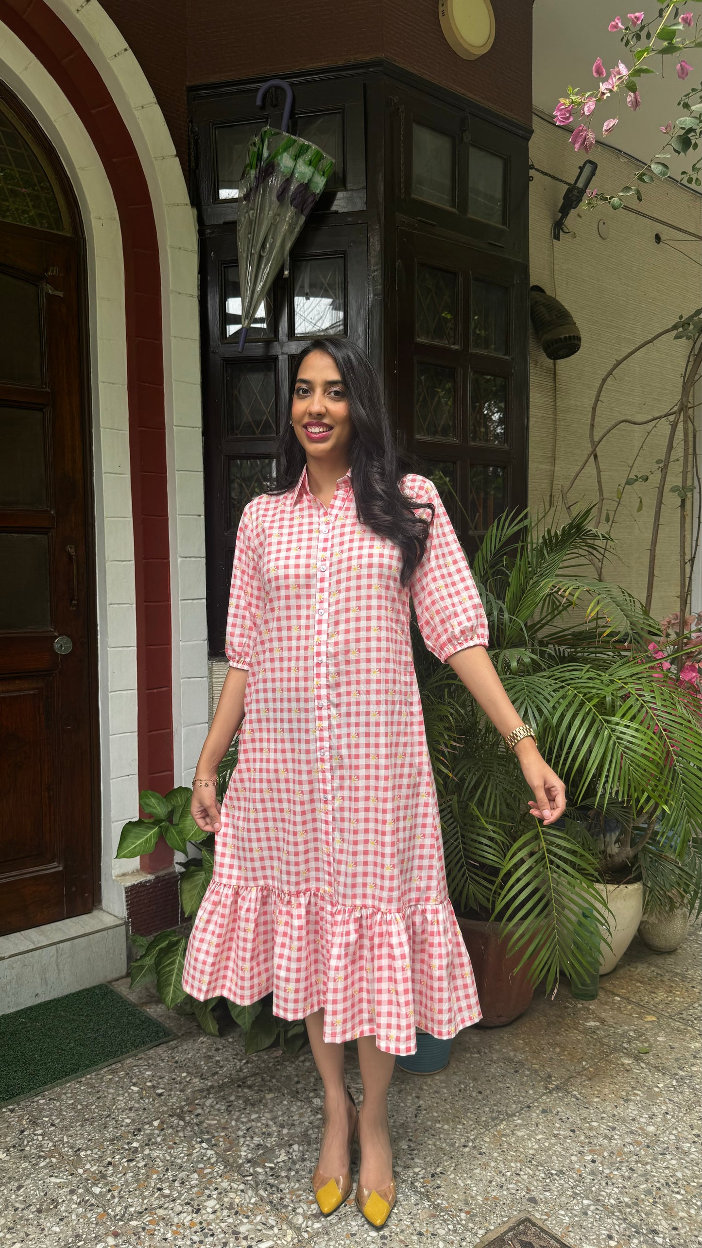 Spring Collared Cotton Dress – Red (Premium Collection)
