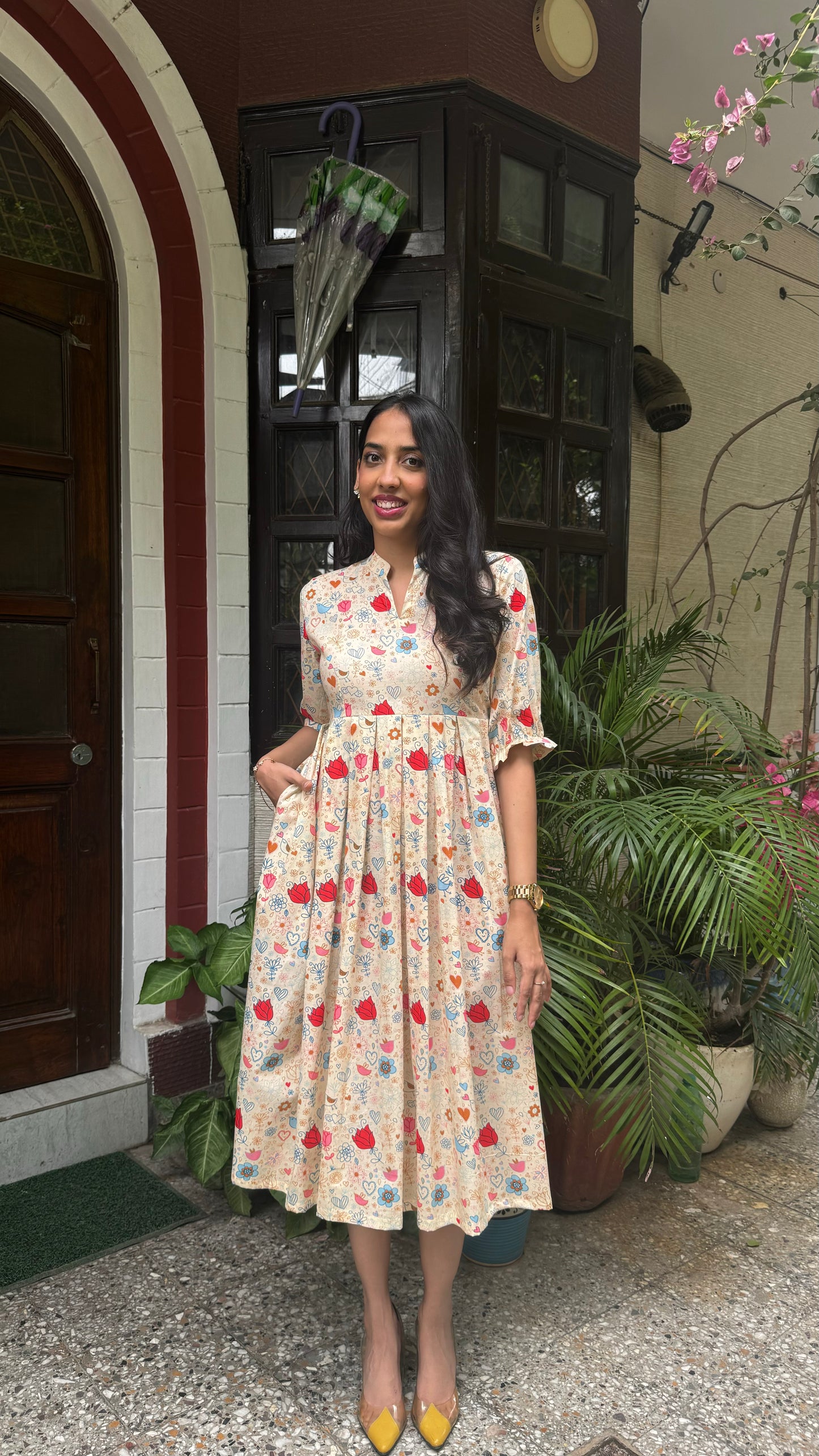 Floral Bloom Pleated Cotton Dress - Light Beige (Premium Collection)