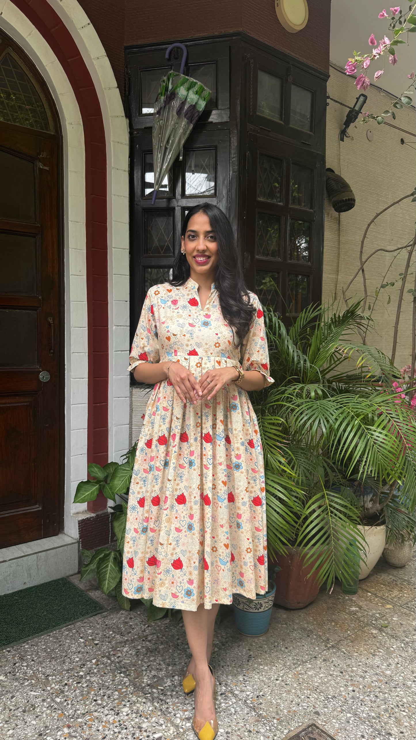 Floral Bloom Pleated Cotton Dress - Light Beige (Premium Collection)