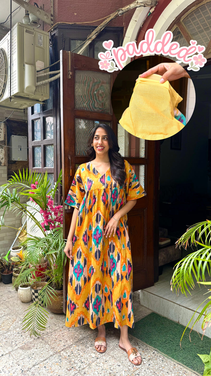 Empire Padded Cotton Lounge Dress – Mustard (Premium Collection)