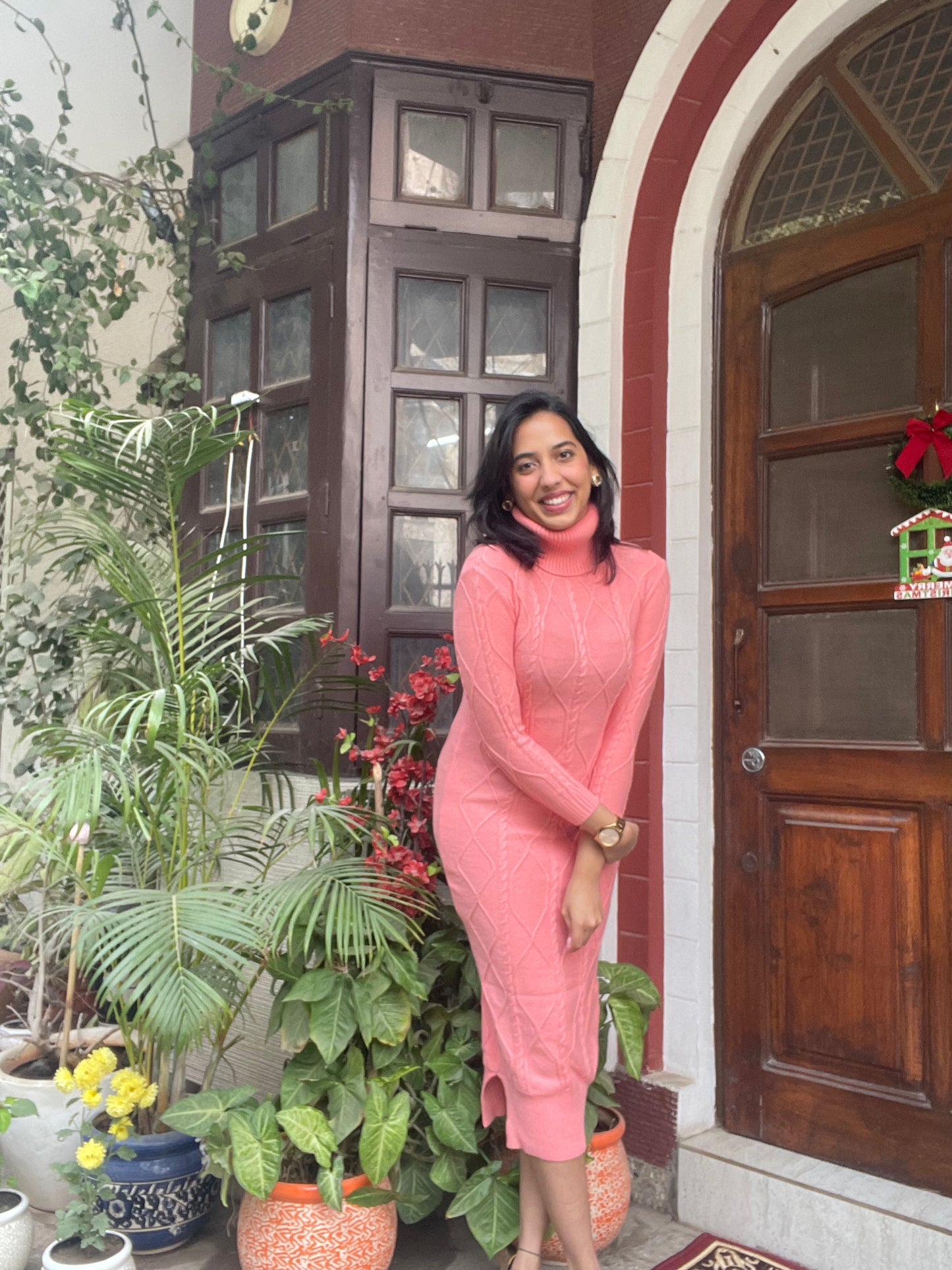 Knit Sweater Dress- Peach (Free Size)