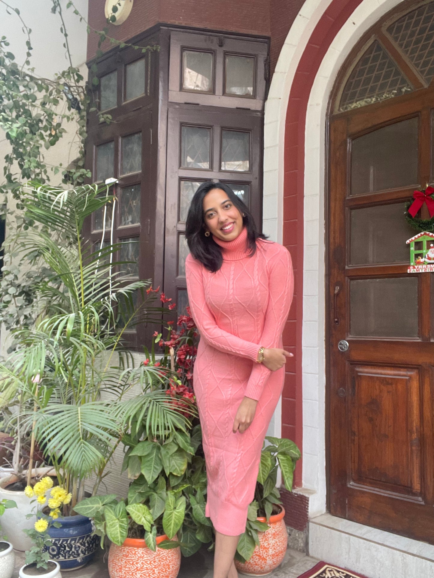 Knit Sweater Dress- Peach (Free Size)