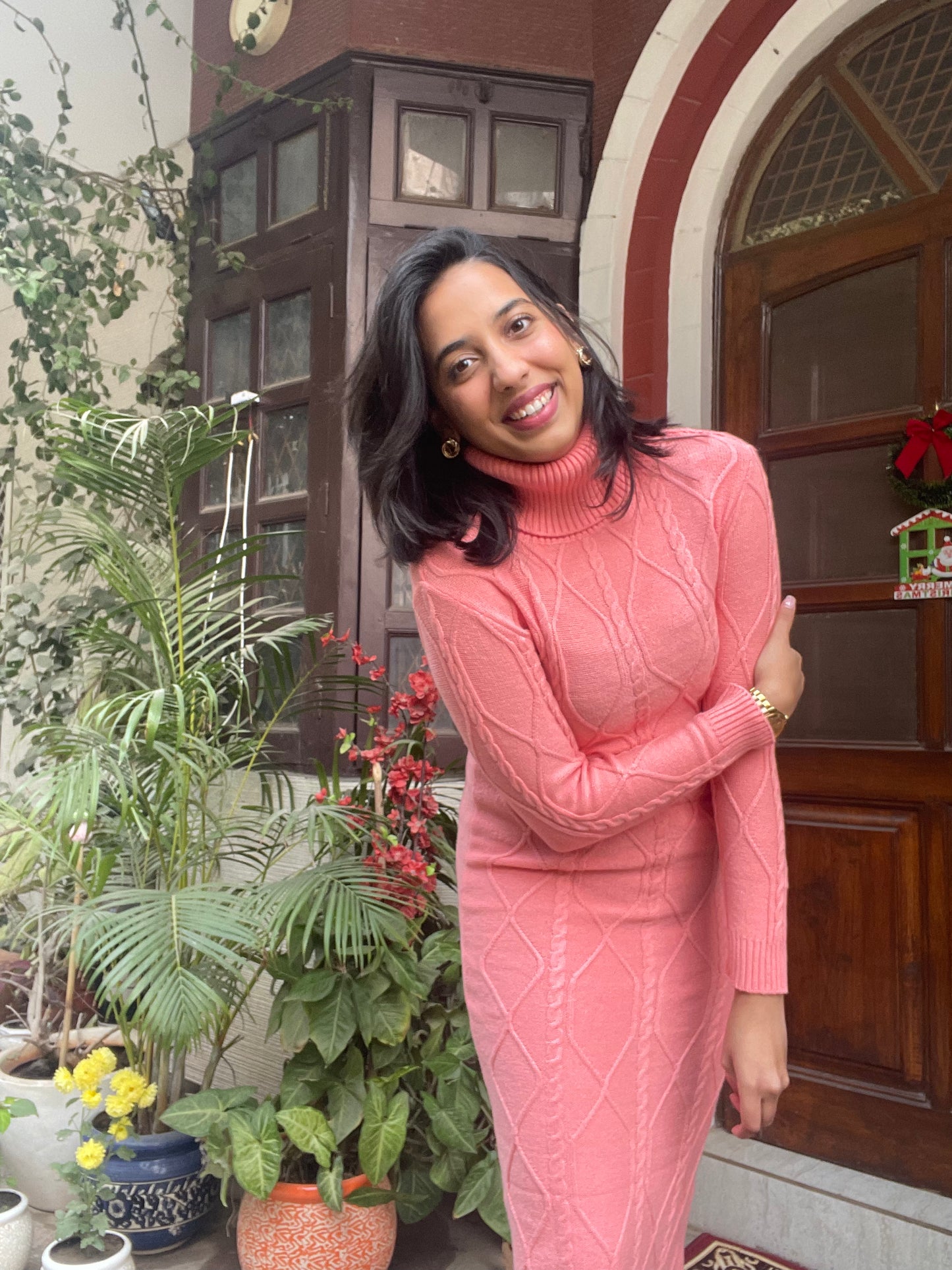 Knit Sweater Dress- Peach (Free Size)