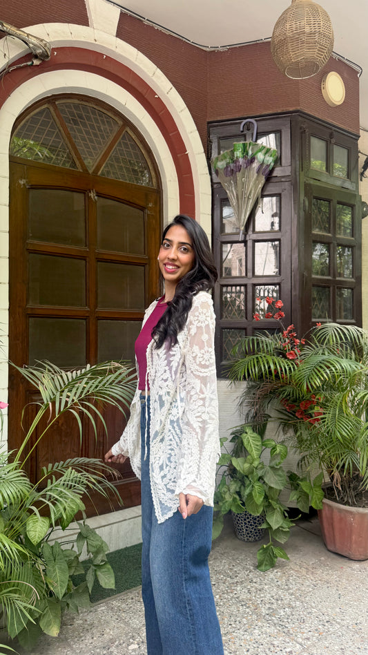 Floral Lace Shrug - Off White (Free Size)