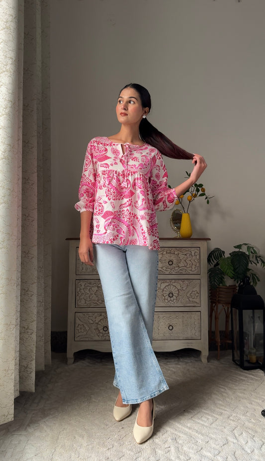 Pretty In Pleats Floral Top – Pink (Premium Fabric)