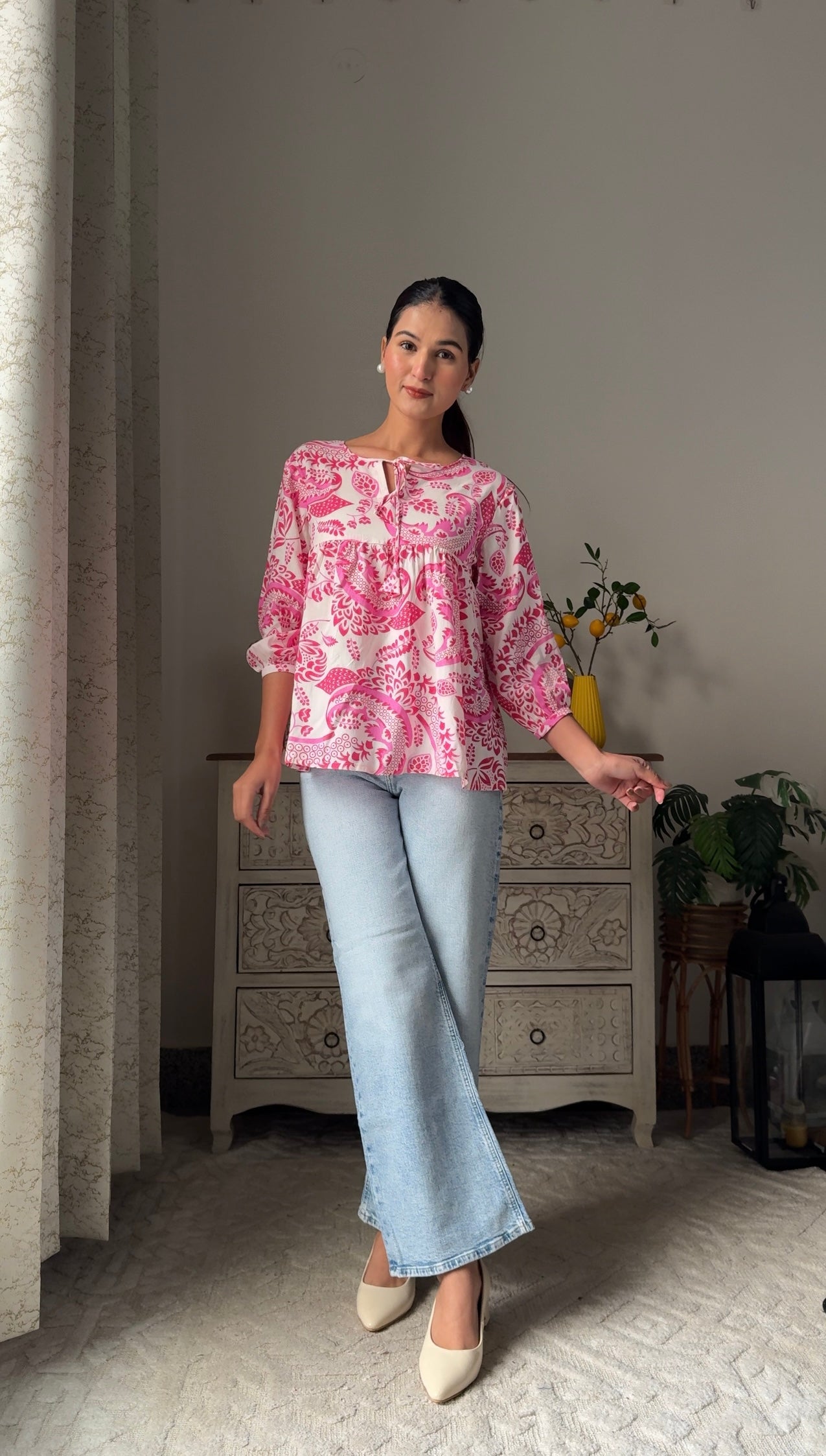 Pretty In Pleats Floral Top – Pink (Premium Fabric)