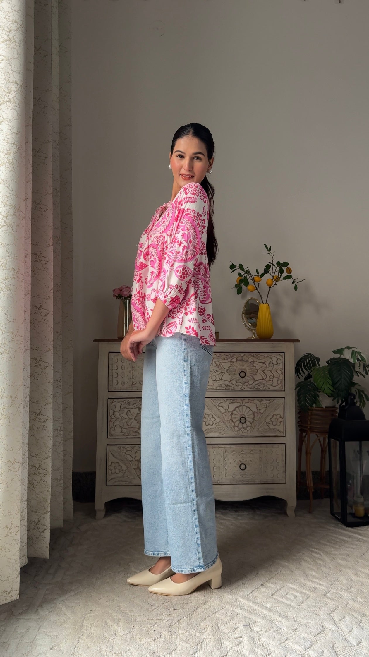 Pretty In Pleats Floral Top – Pink (Premium Fabric)