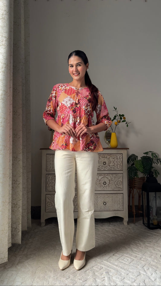 Patchwork Peplum Top (Premium Fabric) – Red