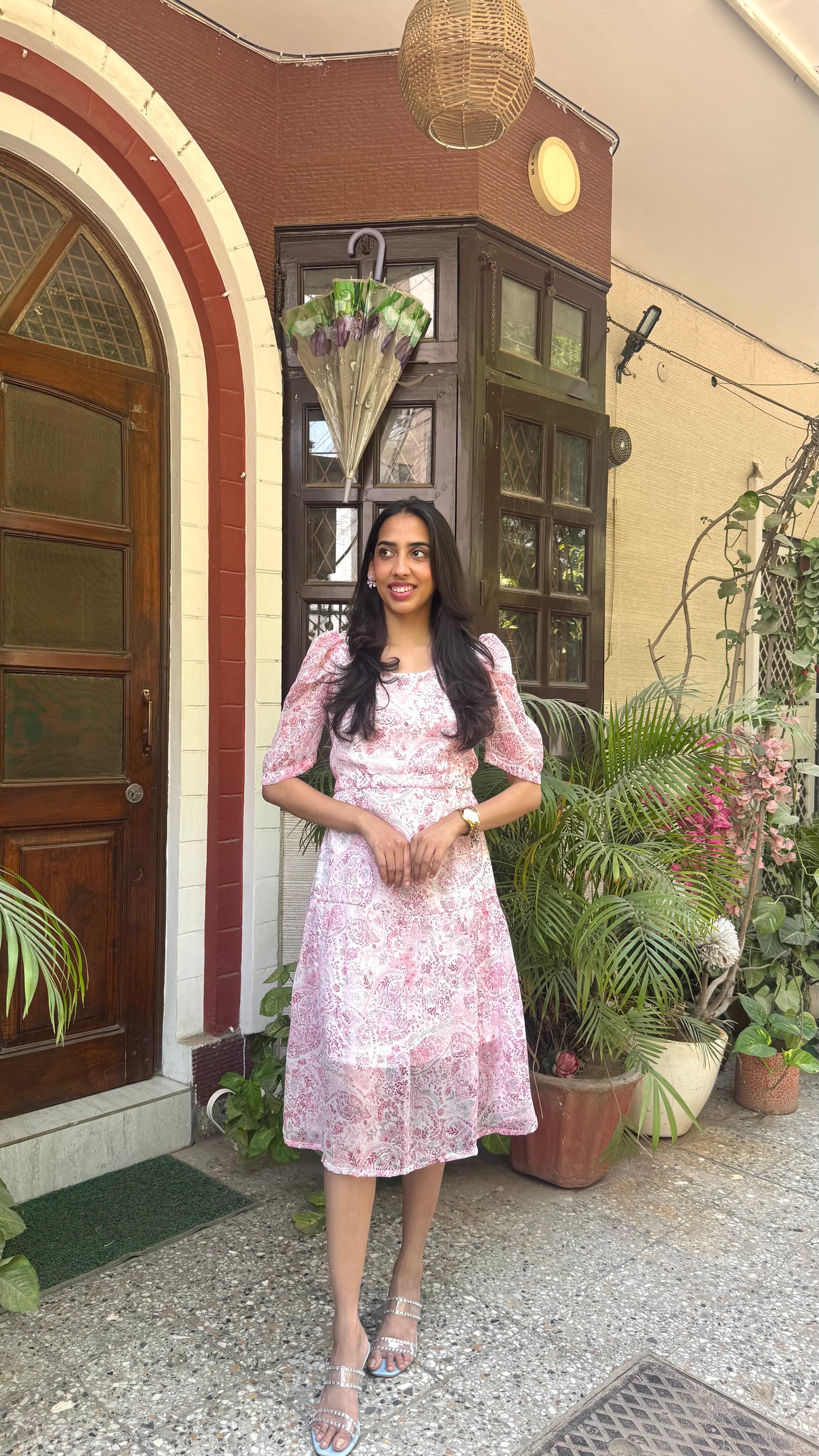 Korean Floral Georgette Dress - Pink