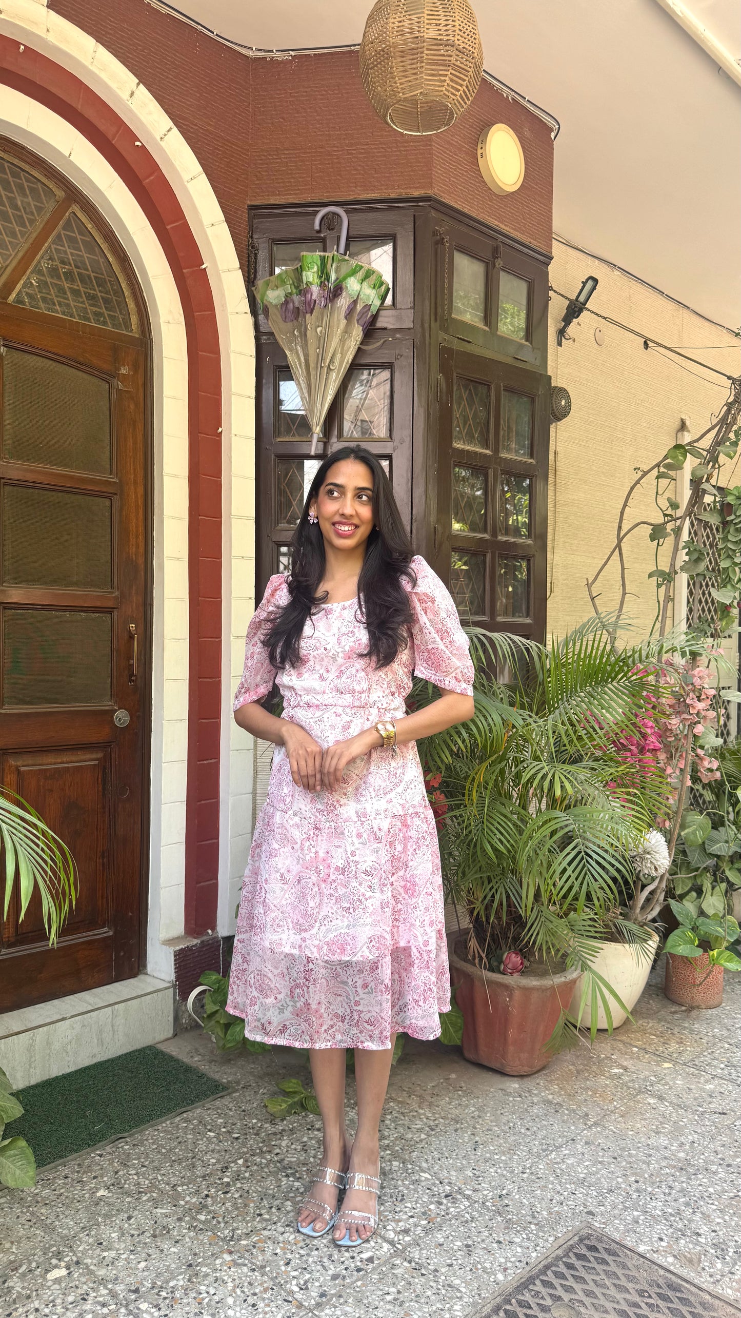 Korean Floral Georgette Dress - Pink