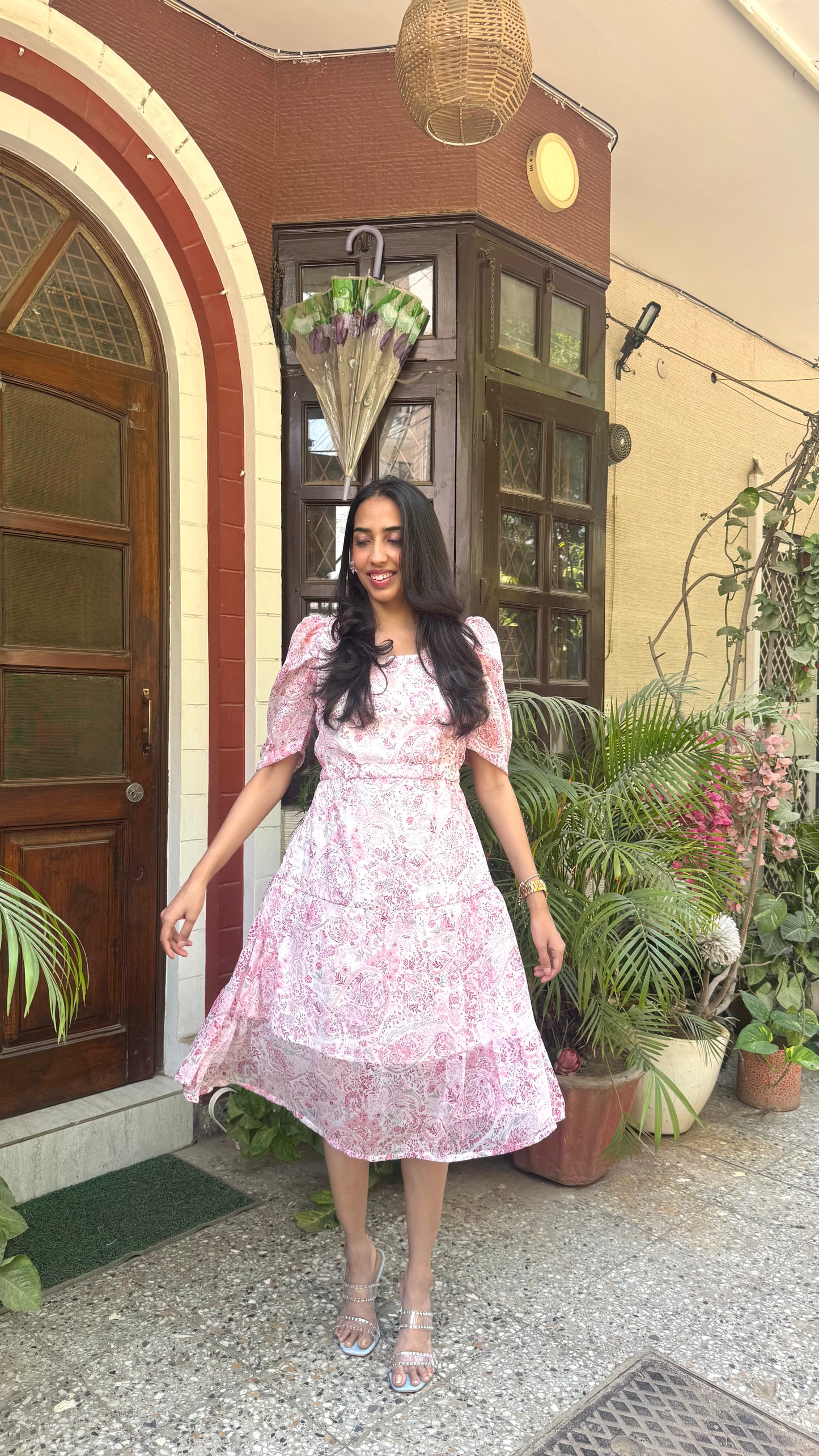 Korean Floral Georgette Dress - Pink