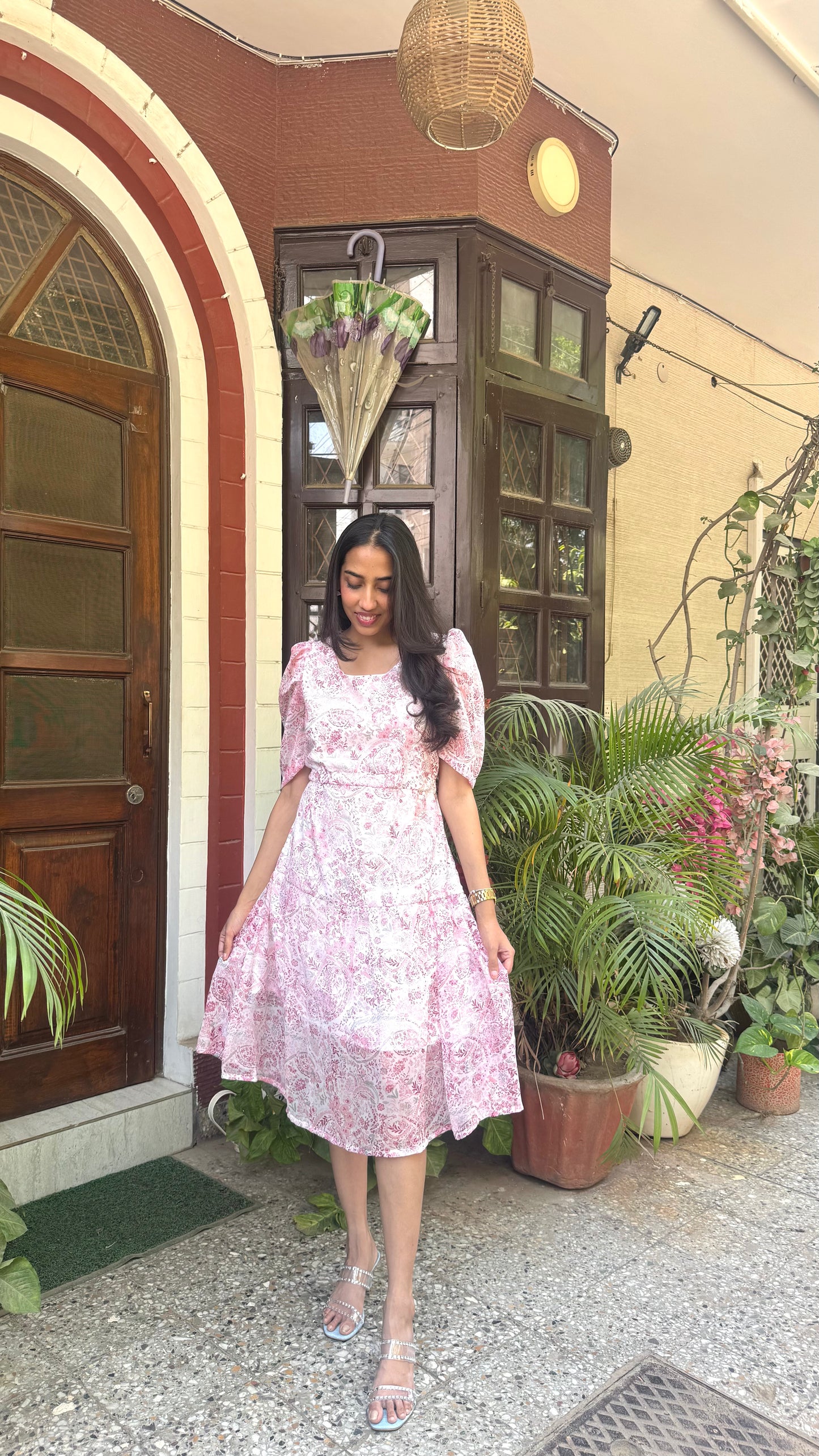 Korean Floral Georgette Dress - Pink
