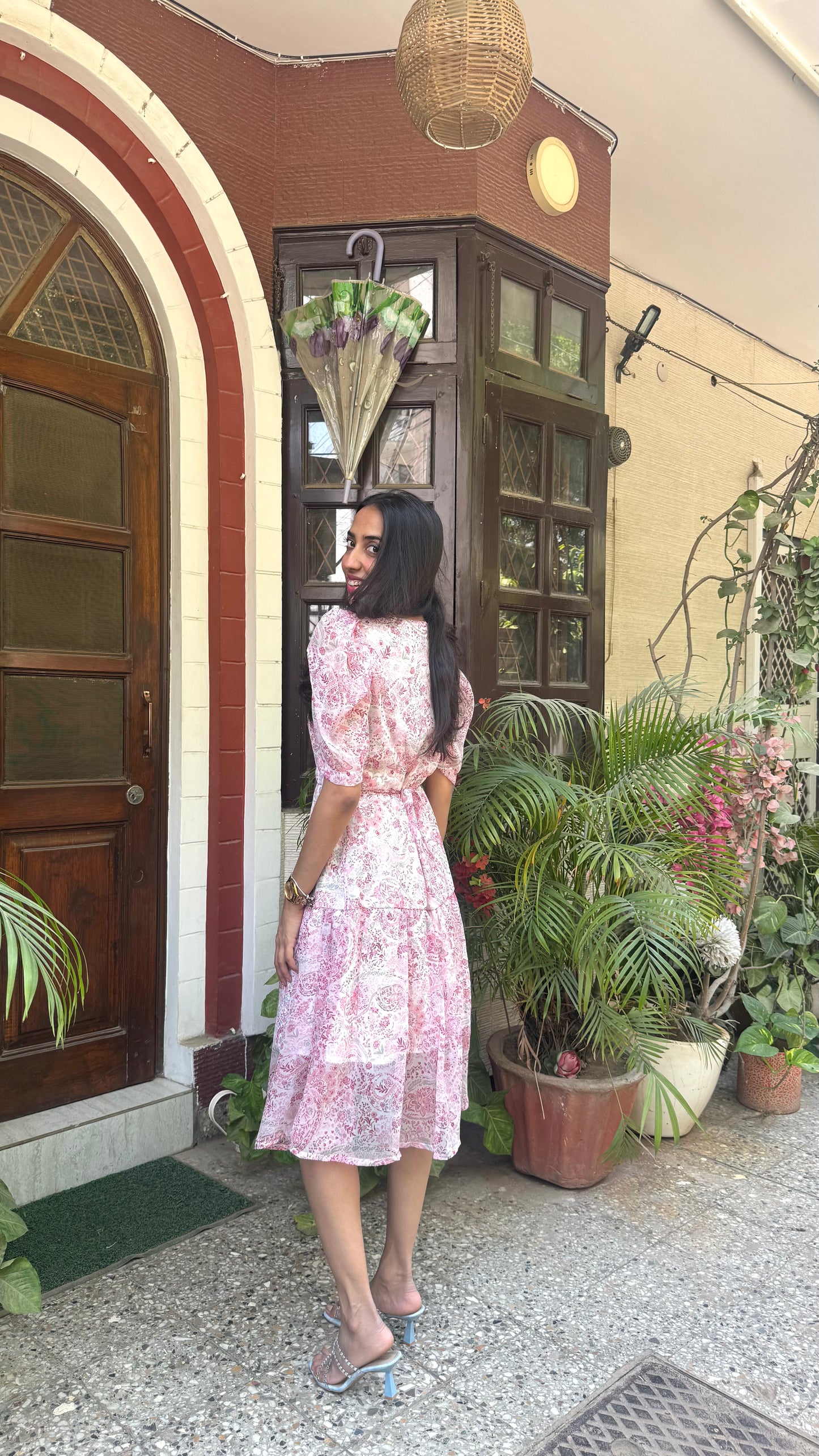 Korean Floral Georgette Dress - Pink