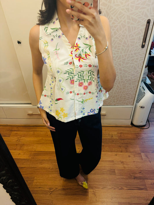 Wild Flower Cotton Shirt (Sleeveless) - White (Premium Collection)