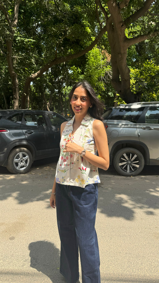 Wild Flower Cotton Shirt (Sleeveless) - White (Premium Collection)