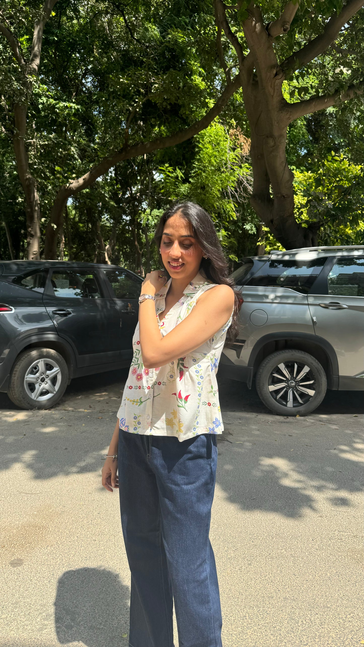 Wild Flower Cotton Shirt (Sleeveless) - White (Premium Collection)