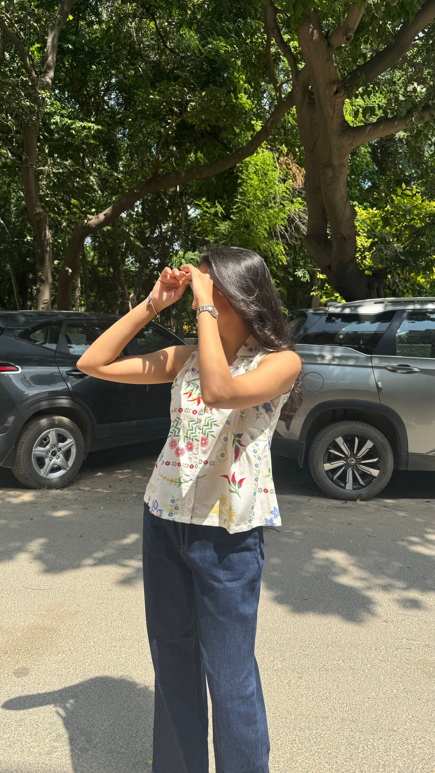 Wild Flower Cotton Shirt (Sleeveless) - White (Premium Collection)