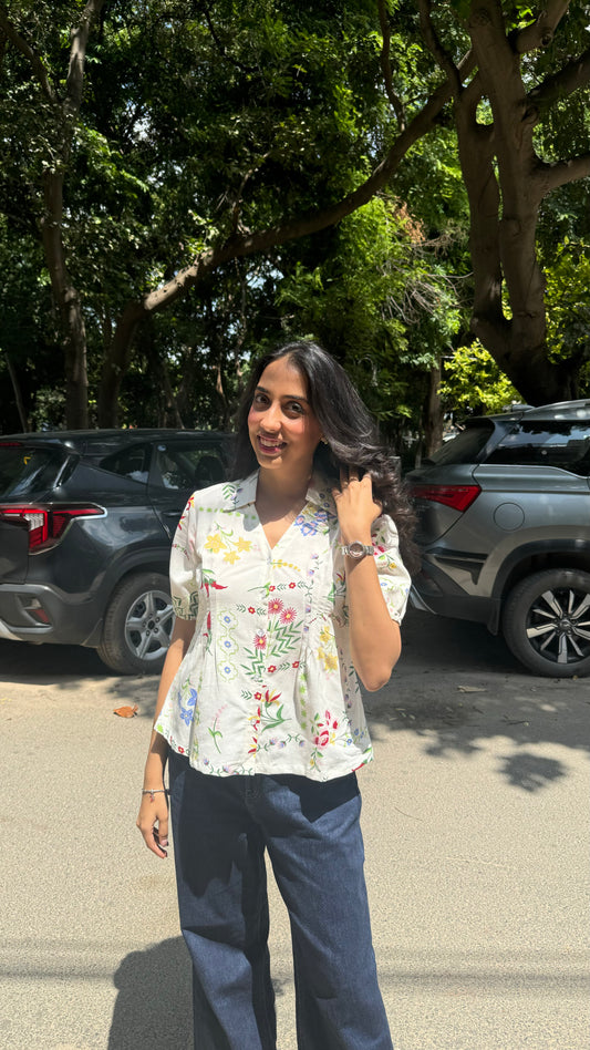 Wild Flower Cotton Shirt (With Sleeve) – White (Premium Collection)